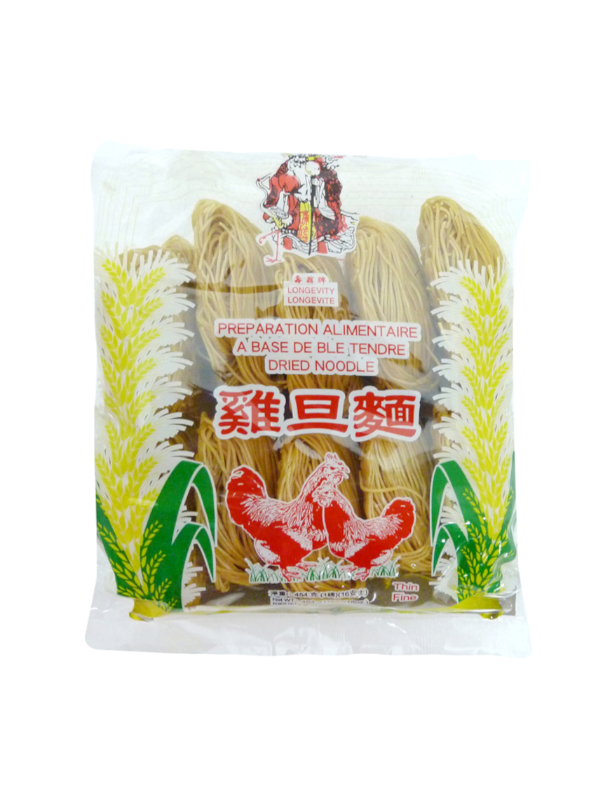Nouilles larges à base de blé tendre LONGEVITE 454g (寿星牌粗鸡蛋面)